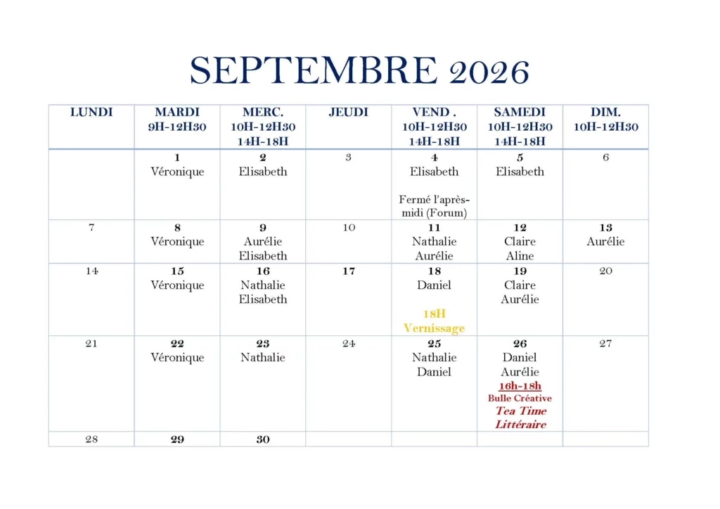 septembre 2026 planning permanences artistes et bulles créatives